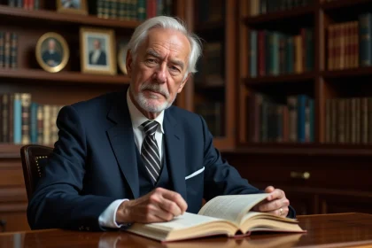 Homme agee en costume lisant dans un bureau parisien