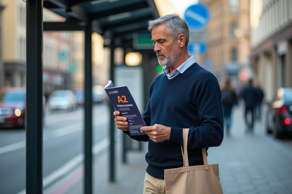 Homme lisant brochure A2 dans un arrêt de bus urbain