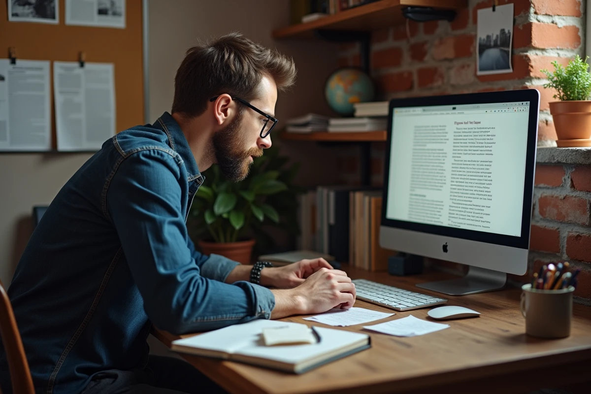 Homme passionné consultant un blog de lecture sur son bureau encombré de notes et de livres
