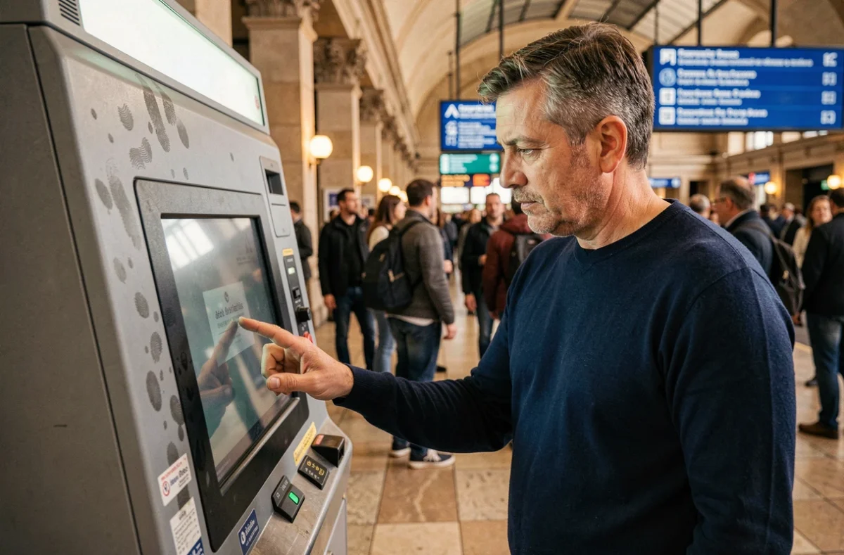Homme utilisant une borne photomaton en gare pour des photos d'identité officielles
