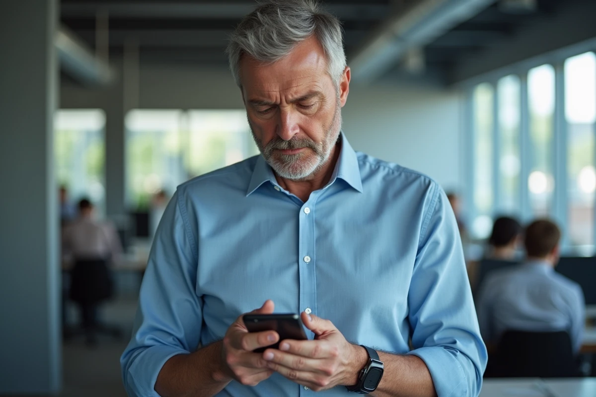 Homme en bureau regardant avec méfiance un appel entrant d'un numéro inconnu sur son téléphone mobile