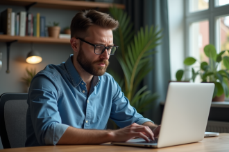 Homme concentré travaillant sur son ordinateur dans un bureau cosy