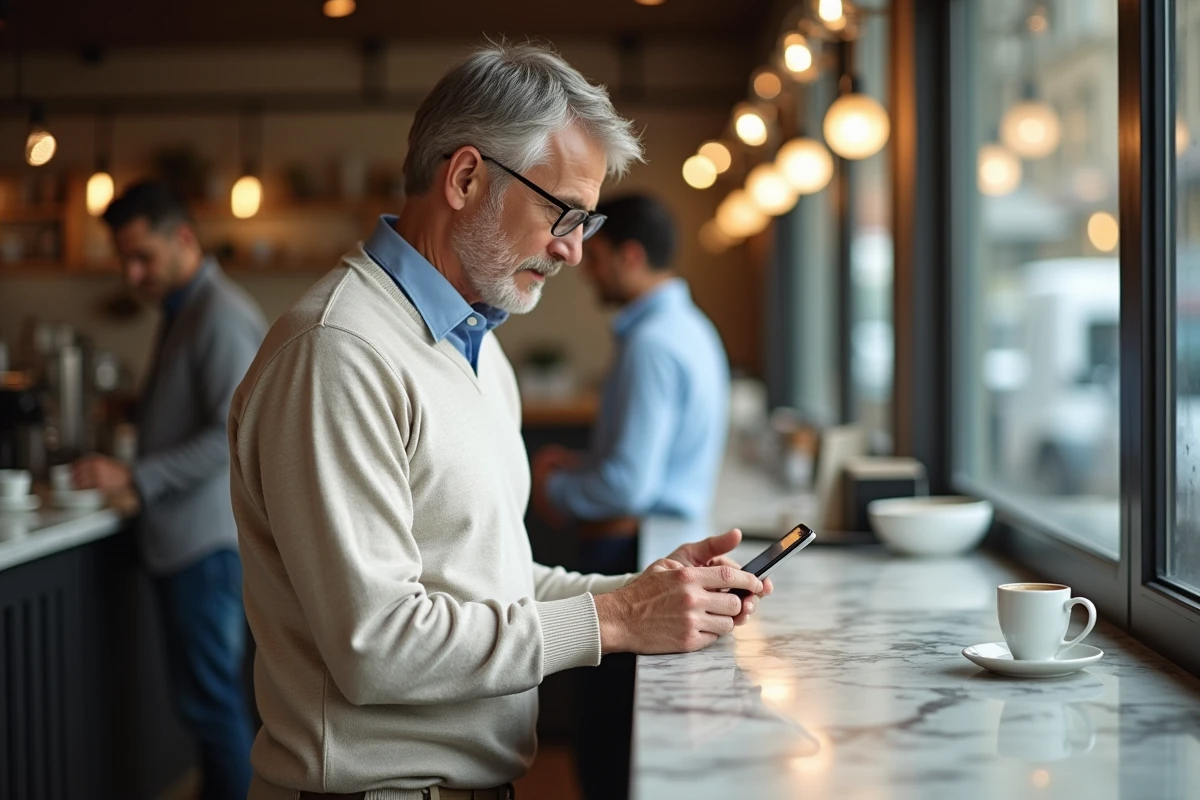 Homme au café utilisant son smartphone pour rechercher