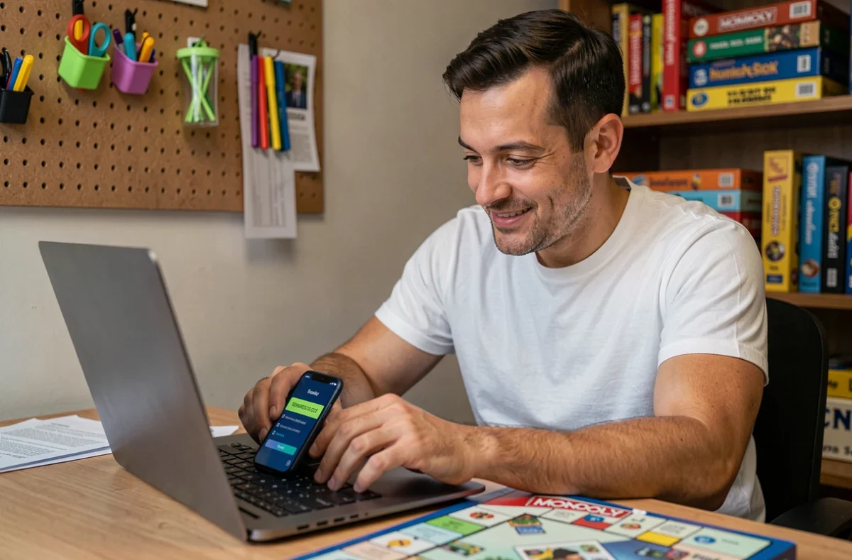 Homme saisissant un code récompense Monopoly GO sur son téléphone dans un bureau à domicile