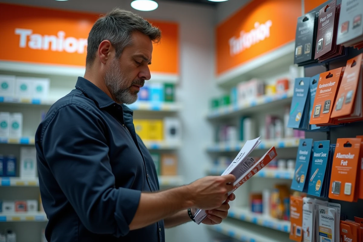 Homme comparant des offres de cartes SIM dans une boutique de téléphonie mobile