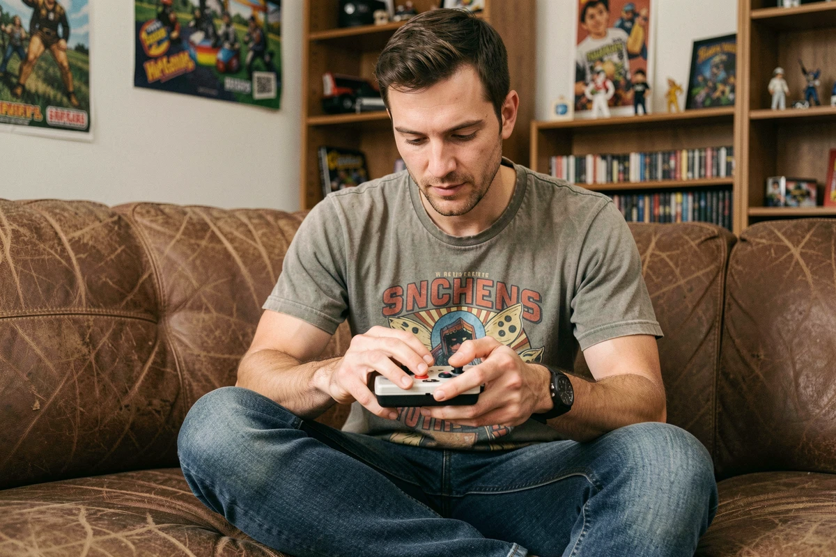 Homme jouant à une console portable retrogaming arcade sur un canapé en cuir dans un salon vintage