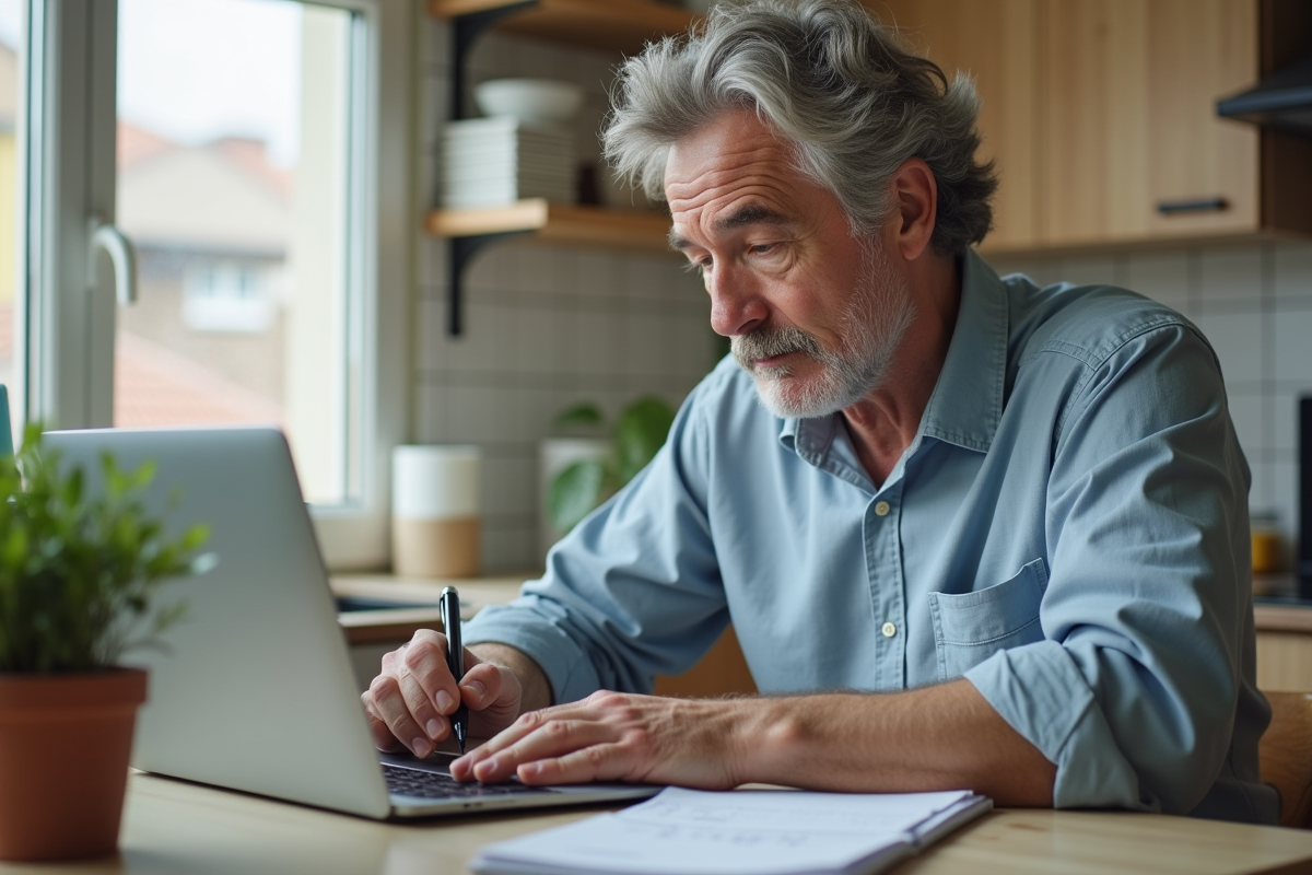 Homme au domicile travaille sur son ordinateur dans la cuisine