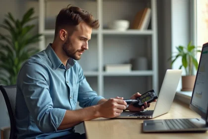 Jeune homme compare un dynamometre sur son bureau