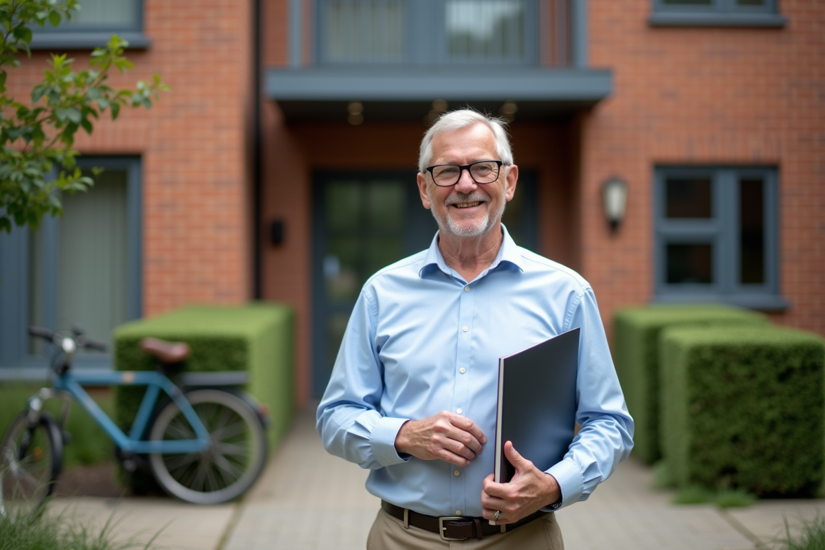 Homme souriant devant un immeuble résidentiel avec vélo