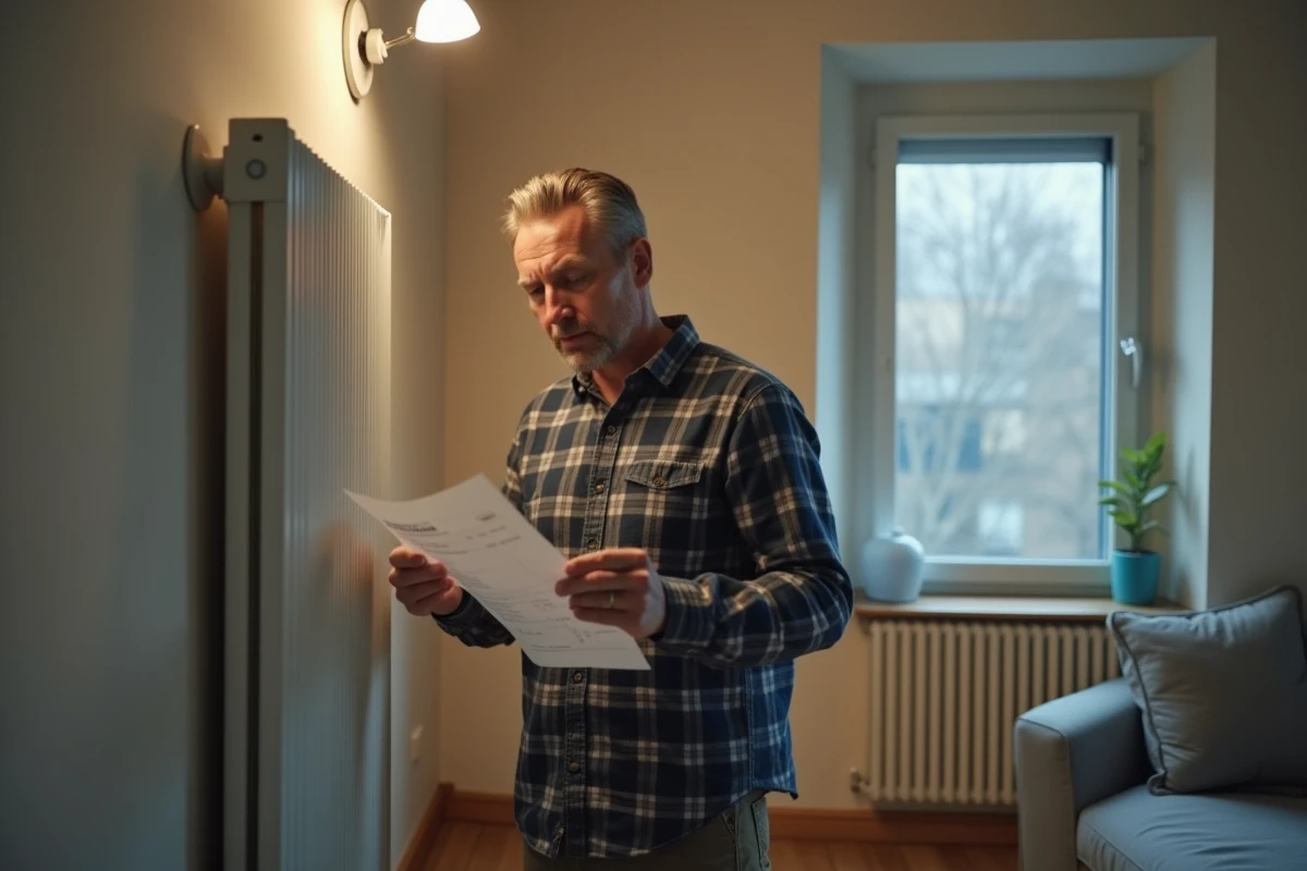 Homme consultant sa facture d'électricité debout à côté d'un radiateur électrique blanc dans un appartement urbain