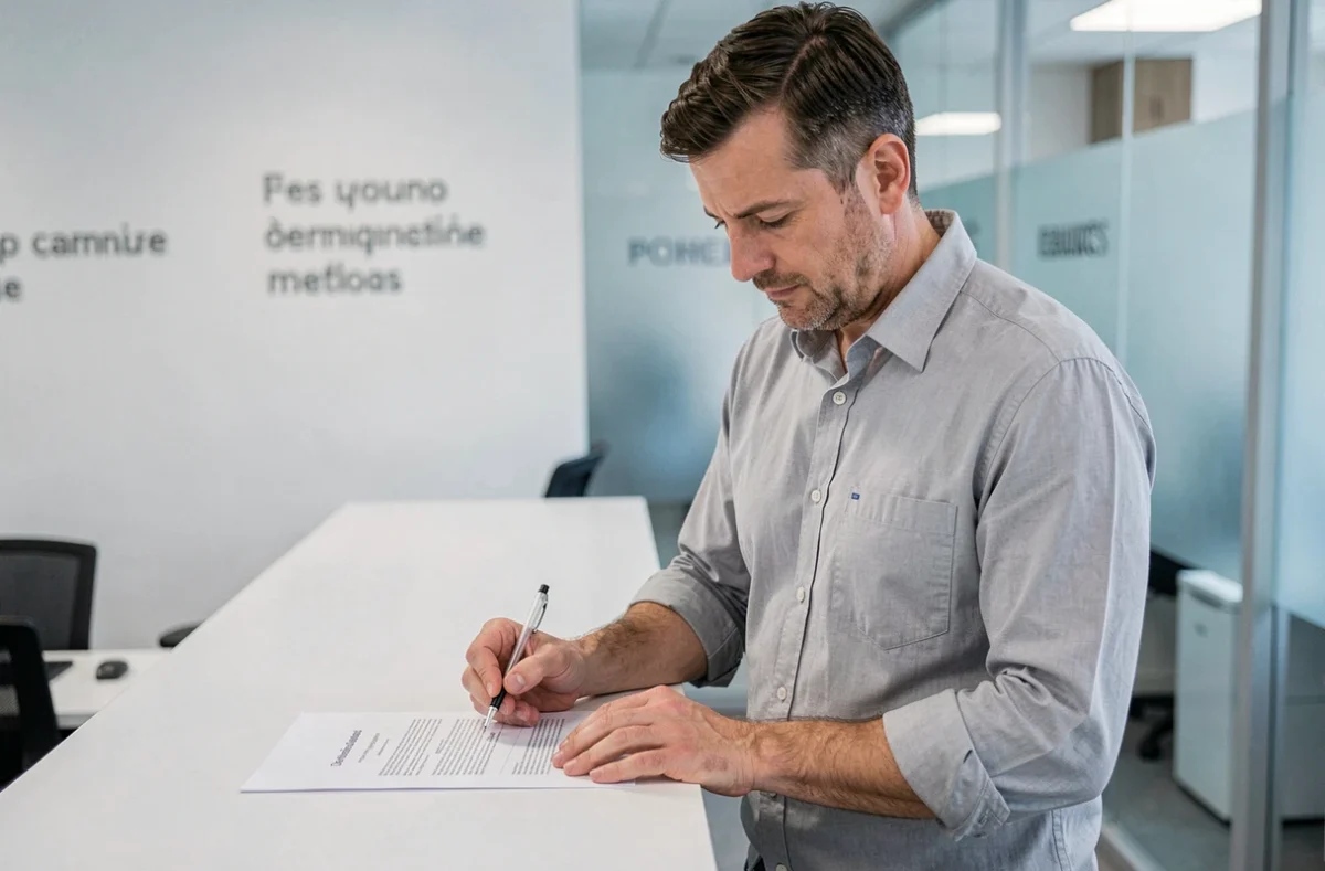 Homme remplissant un formulaire de déclaration officielle d'association dans un bureau administratif