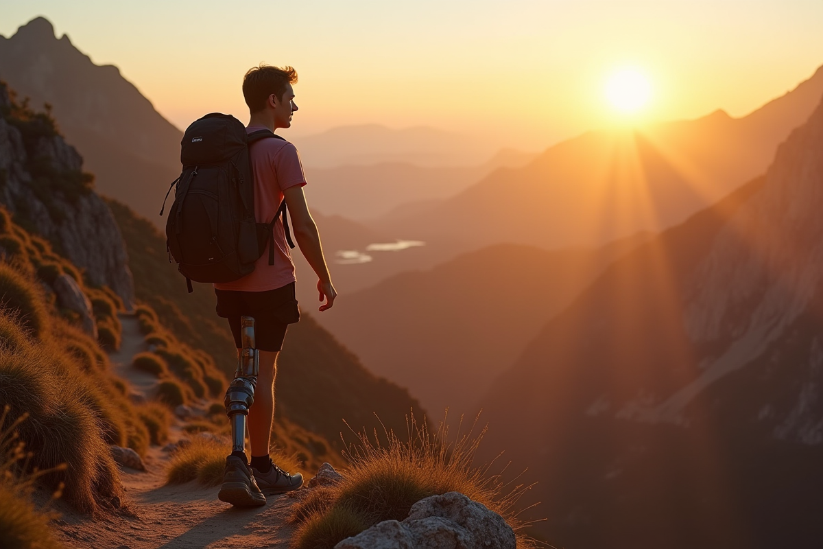 Jeune homme avec prothèse en randonnée au lever du soleil