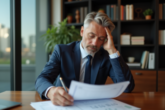 Homme d'âge moyen en costume bleu dans un bureau moderne