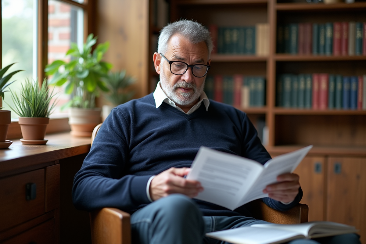 Homme en train de relire une traduction dans un espace cosy