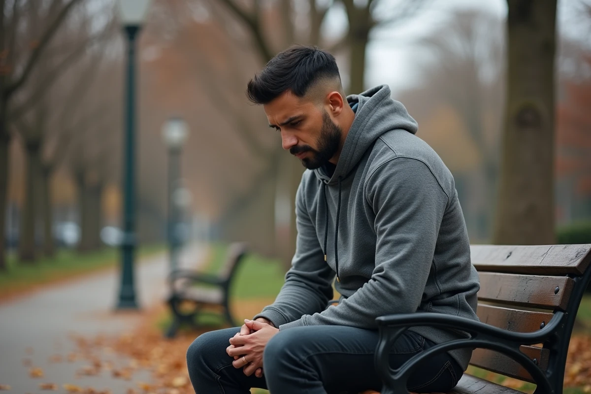Homme métis pensif assis seul sur un banc dans un parc en automne, regard baissé, illustrant la fatigue émotionnelle face au racisme ordinaire