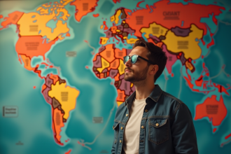 Homme pensif devant une carte du monde symbolisant l'influence globale