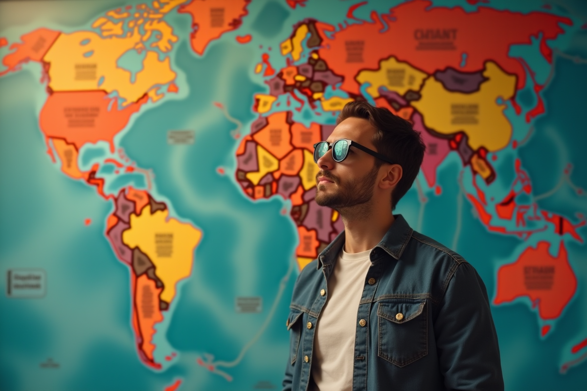 Homme pensif devant une carte du monde symbolisant l'influence globale