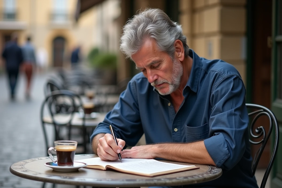 Homme âgé résolvant une grille de mots croisés en terrasse de café avec un dictionnaire de rimes posé à côté