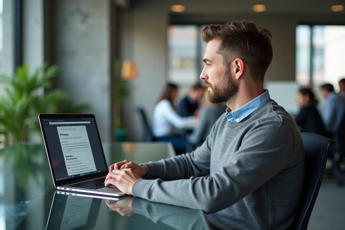 Homme consultant les paramètres de protection des données personnelles sur son ordinateur portable dans un bureau en open space