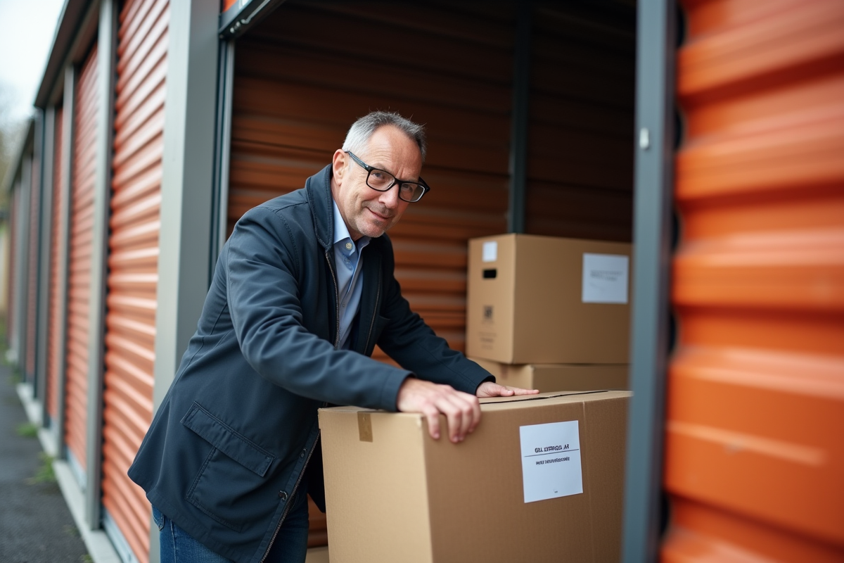 Homme plaçant une boîte dans un espace de stockage extérieur Rennes