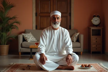 Homme en djellaba blanche assis sur un tapis de prière à Vénissieux, contemplant les horaires de prière avant le jeûne