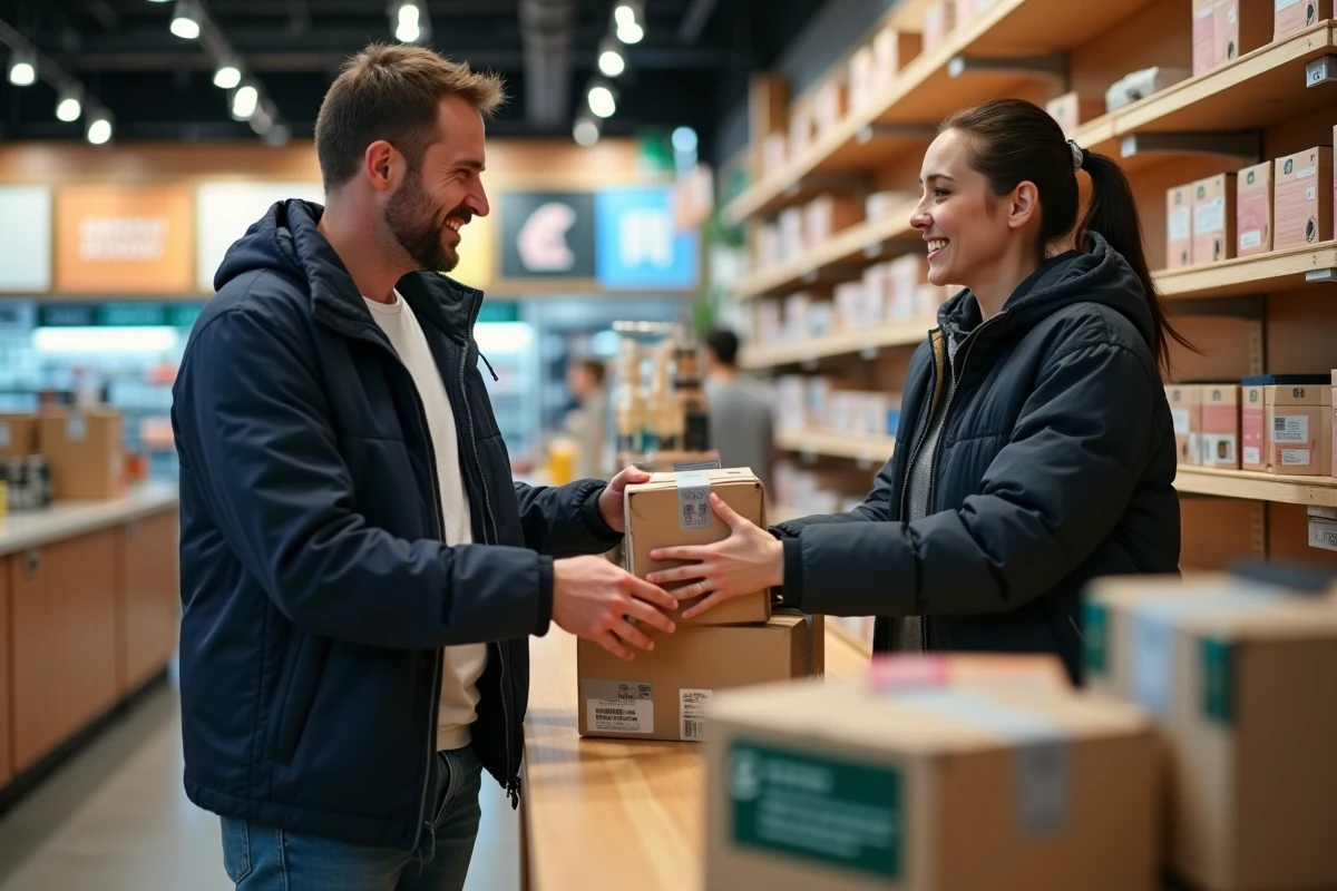 Homme en veste marine donnant un colis à un employé