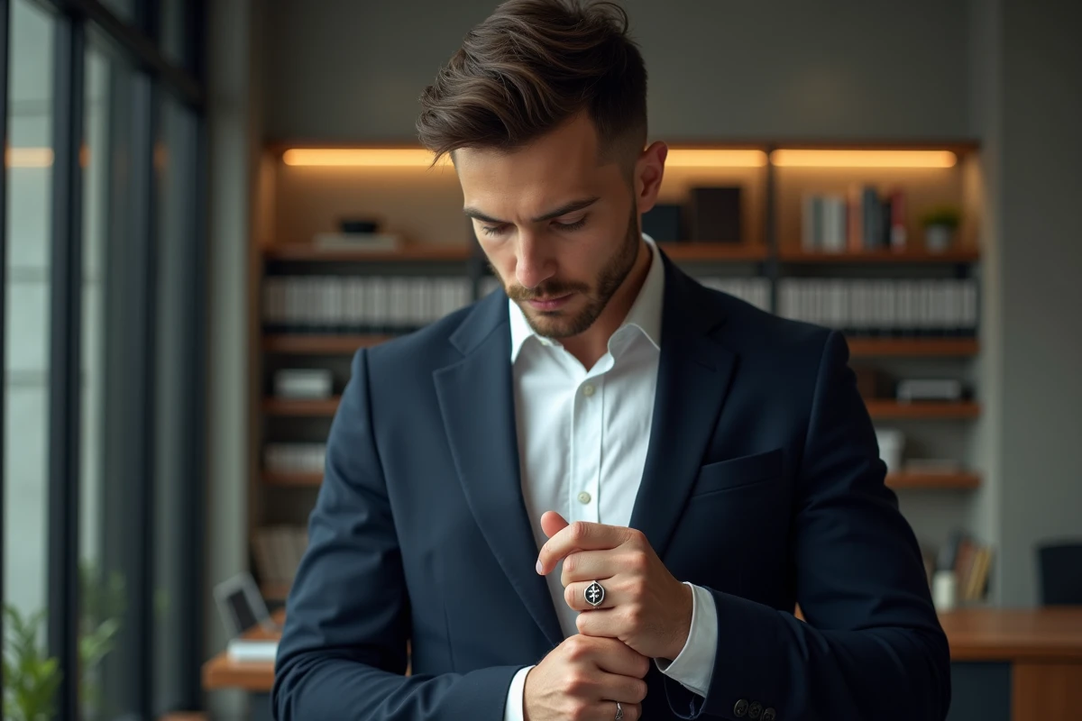 Jeune homme en blazer portant une bague Templar