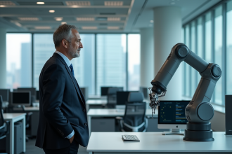 Homme d affaires observant un bras robotique en action