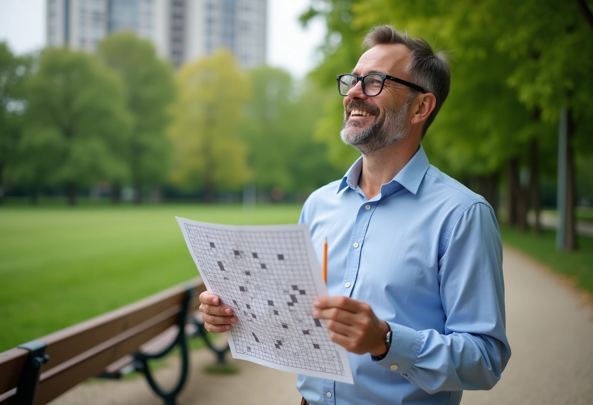 Homme souriant avec puzzle croise et parc