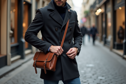 Homme &eacute;l&eacute;gant ajustant un sac en cuir &agrave; Paris