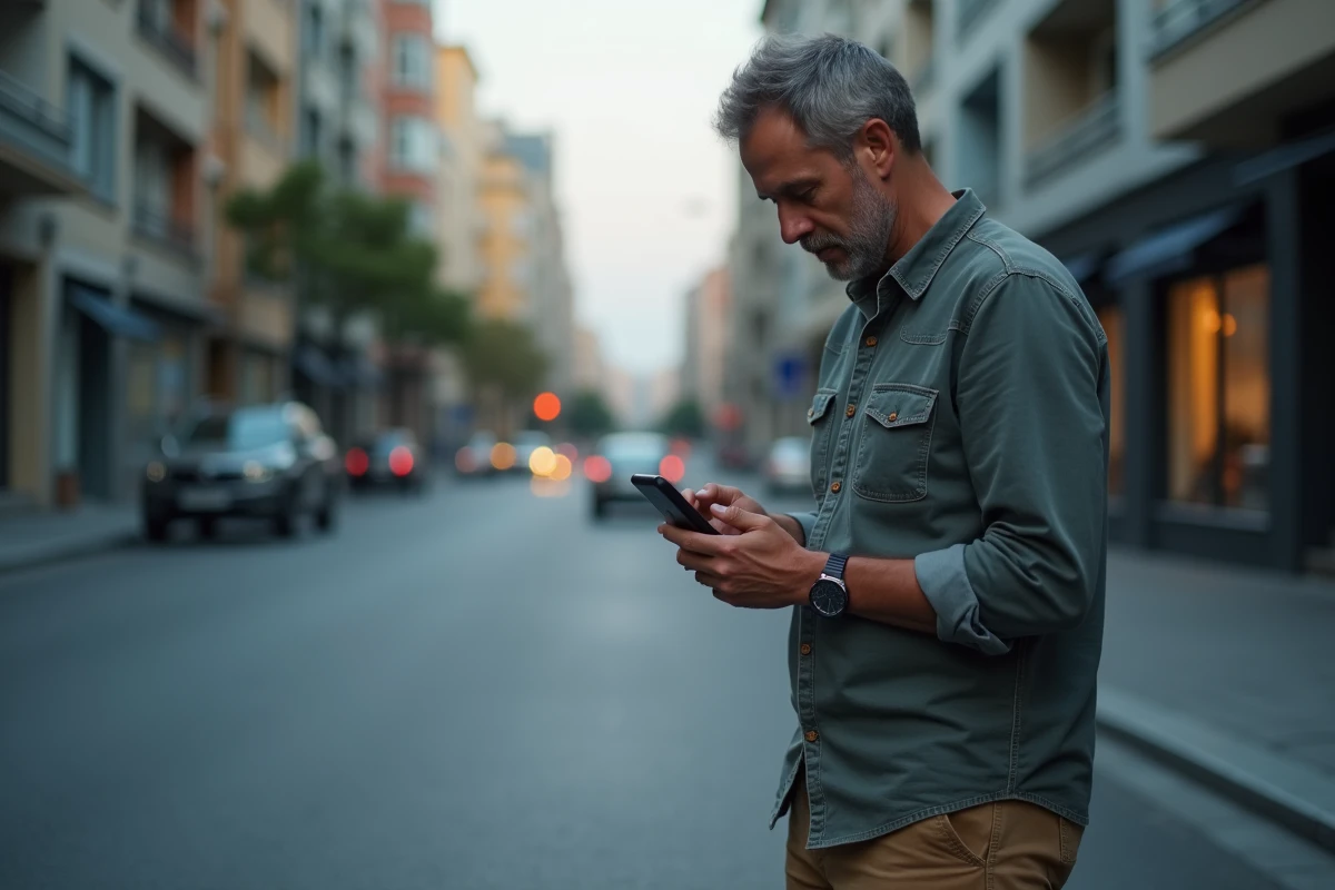 Homme d age moyen v&eacute;rifiant l heure sur son smartphone dans la rue