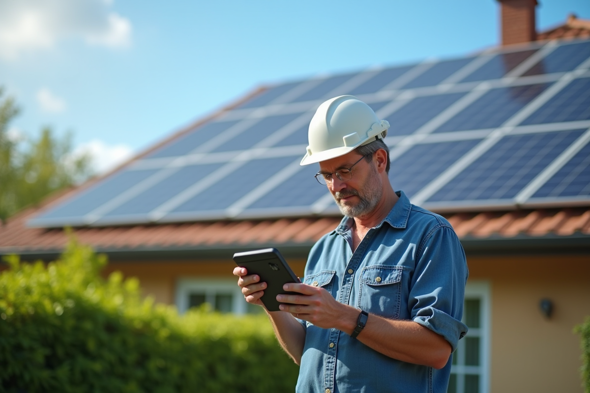 Homme vérifiant panneau solaire avec un appareil portable