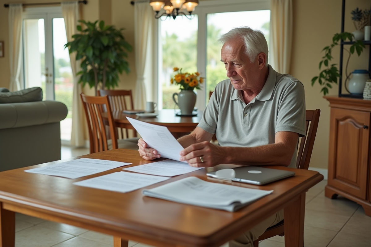 Homme âgé examinant un relevé hypothécaire à la maison