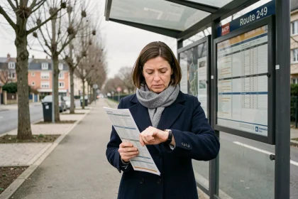 Femme consultant les horaires du bus 249 à un arrêt de bus en banlieue parisienne