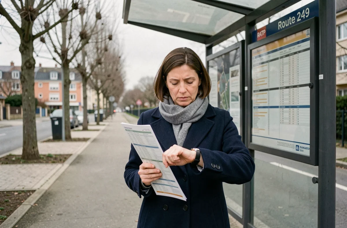 Femme consultant les horaires du bus 249 à un arrêt de bus en banlieue parisienne