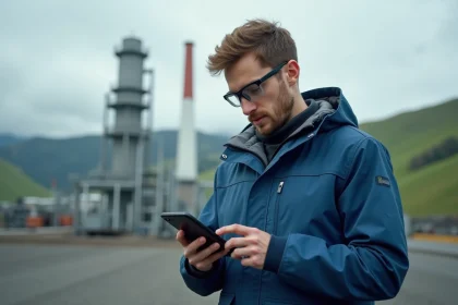 Jeune ing&eacute;nieur examinant une pile a combustible hydrogene