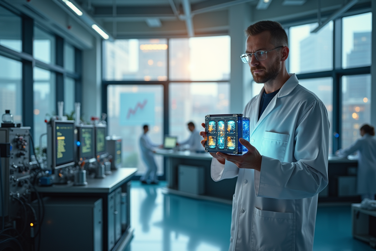 Ingenieur manipulant une pile a hydrogene dans un laboratoire lumineux
