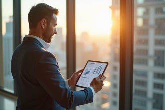 Investisseur immobilier dans un appartement lumineux regardant des graphiques