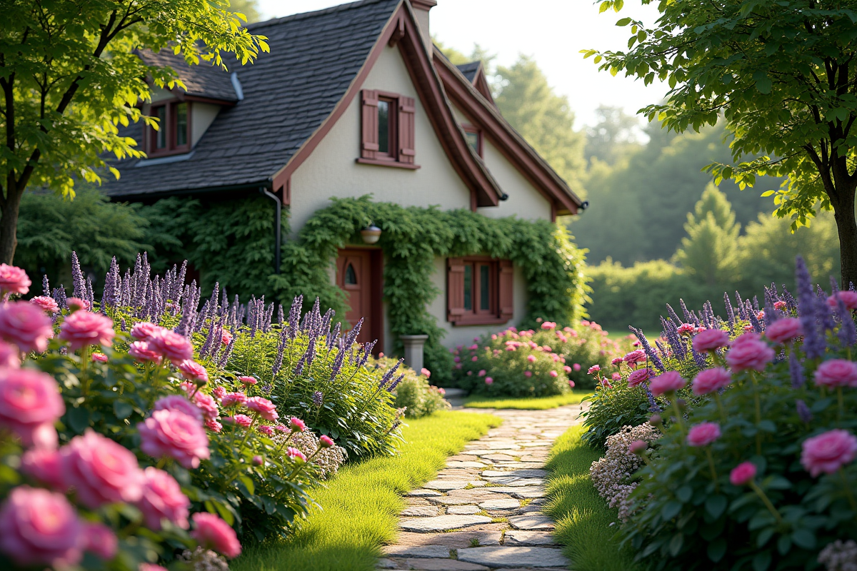 Jardin de cottage avec fleurs colorées et chemin en pierre