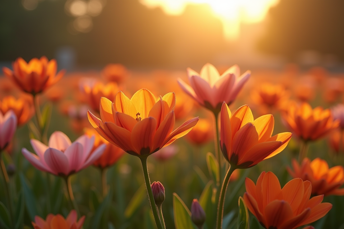Jardin avec fleurs en forme S au coucher du soleil