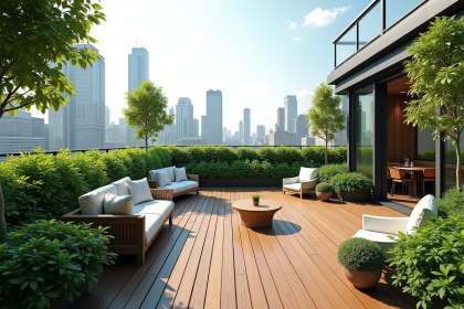 Jardin urbain sur un toit moderne avec vue sur la ville