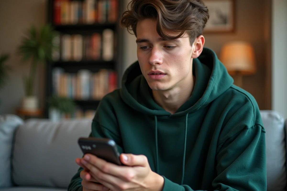 Jeune adulte tenant un smartphone affichant un numéro 0424 inconnu, assis dans un salon moderne