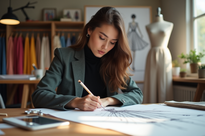 Jeune designer mode esquissant des robes dans son atelier lumineux