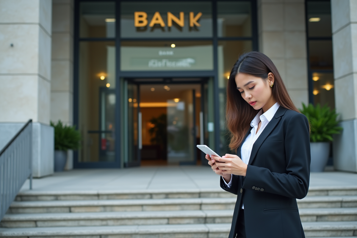 Jeune femme d affaires devant une banque en vérifiant son smartphone