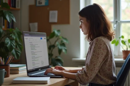Jeune femme au bureau regardant son ordinateur portable