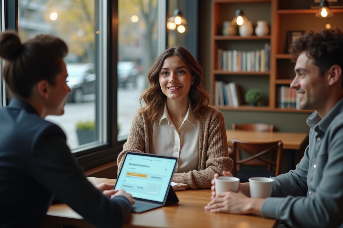 Jeune femme discutant avec collègues dans un café avec tablette et café