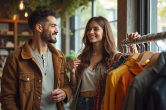 Jeune femme et homme achetant des vêtements vintage écologiques