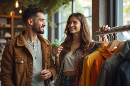 Jeune femme et homme achetant des vêtements vintage écologiques