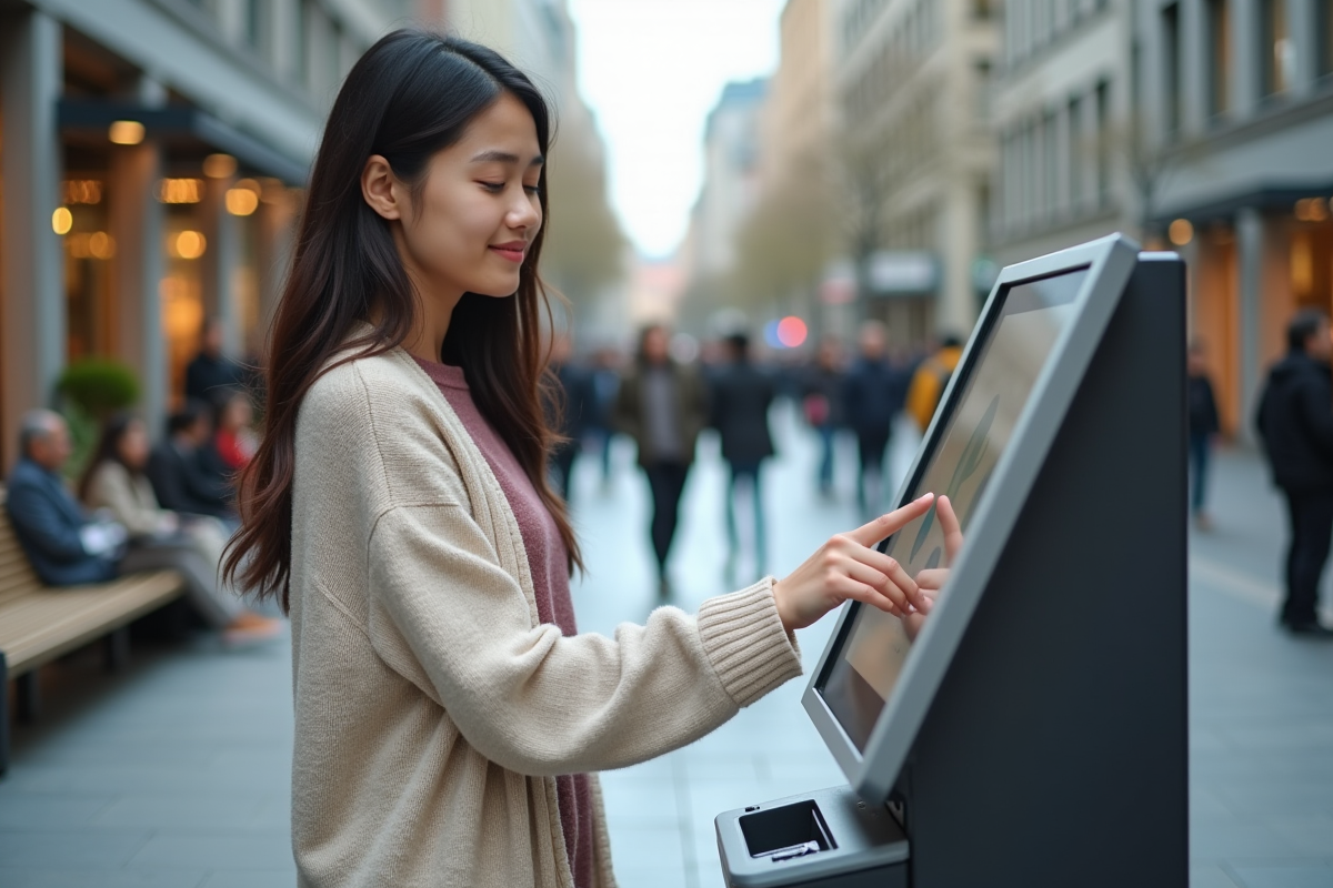 Jeune femme interagissant avec un kiosque financier en extérieur