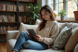 Jeune femme lisant un ebook d'amour dans un salon cosy
